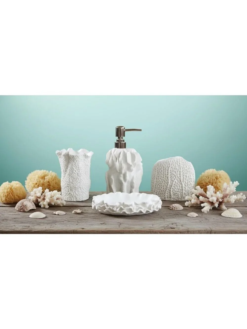Coral Seashell Bathroom Accessories Set - 4 Pcs Resin Decor for Farmhouse Style